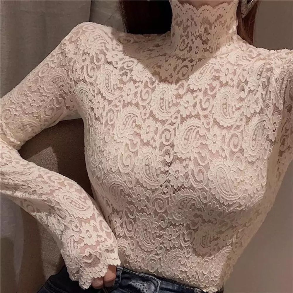 Paisley lace blouse shirt cream sheer transparent sexy top